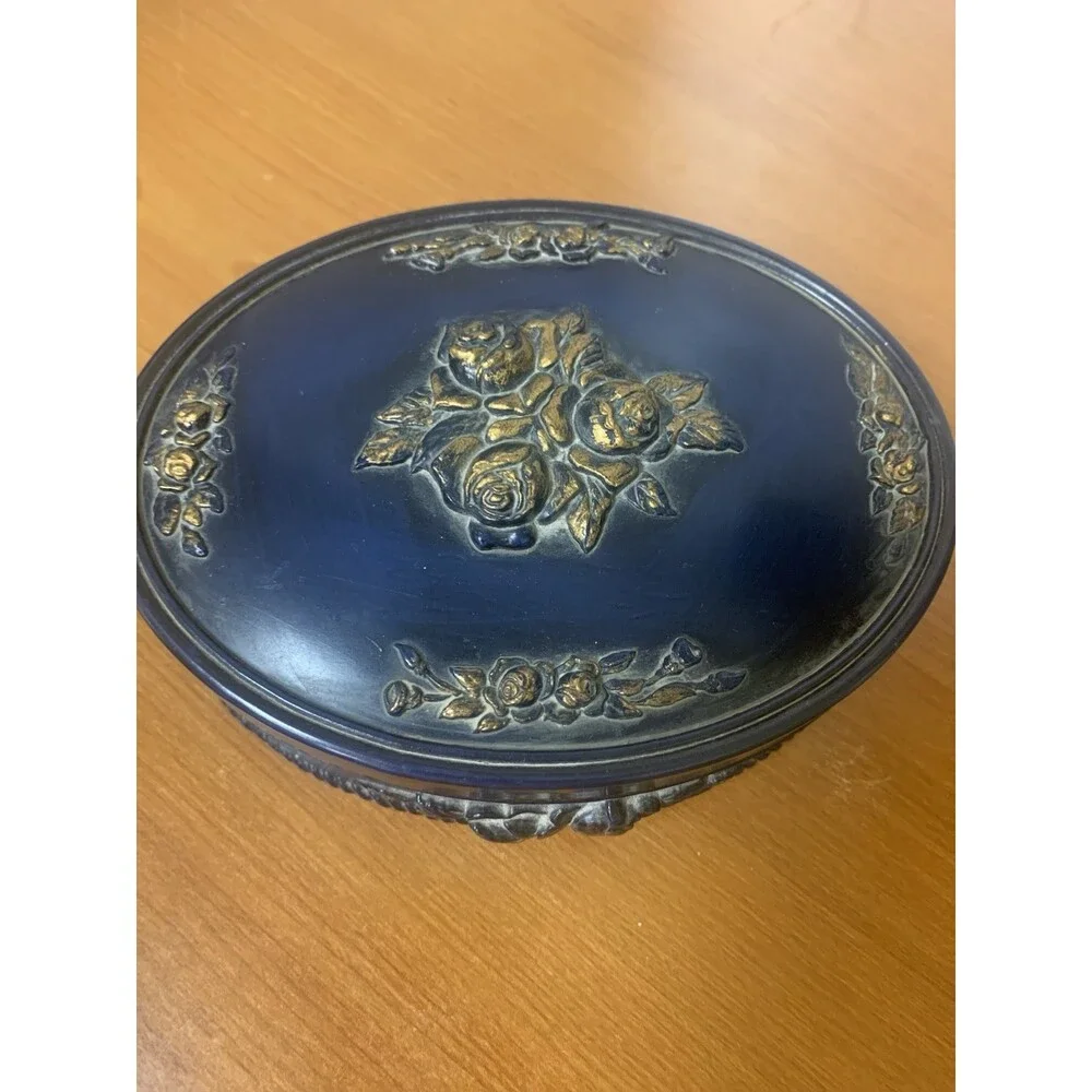 Vintage Navy Trinket Box Gold  3D Roses Wood 6”x5”